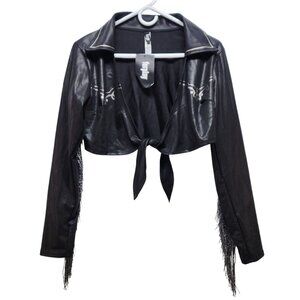 Forplay Womens Black Fringe Faux Leather Cropped Jacket Size L/XL